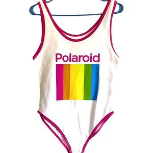 Polaroid NWT Tank Top Body Suit Sz M White with Pink Trim Snap Crotch